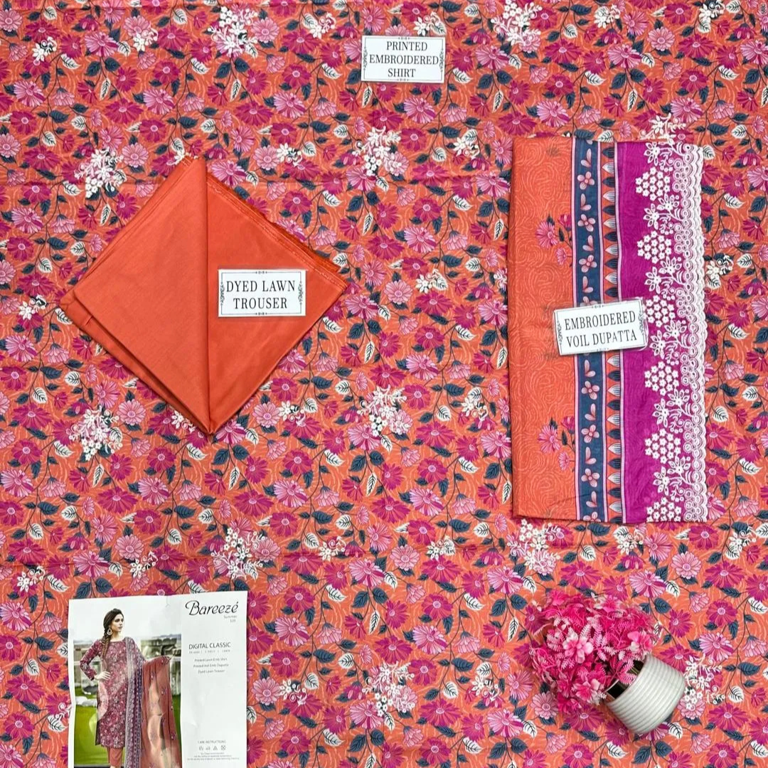 Orange Printed Lawn Women's 3Pcs Bridal Suit with Embroidered Shirt & Cut Work Dupatta