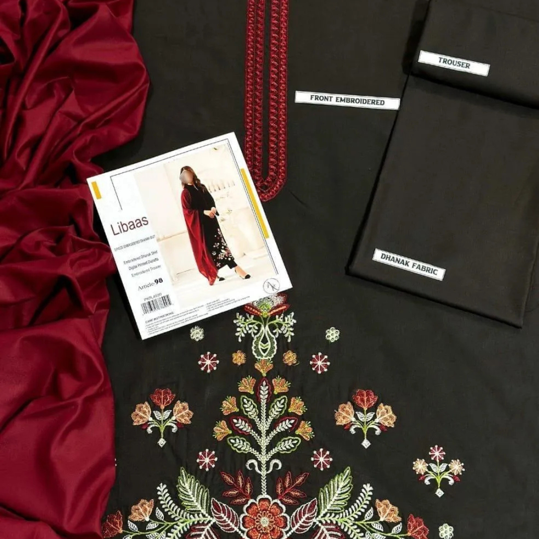 Black Embroidered 3 Pcs Women Suit with Red Dupatta