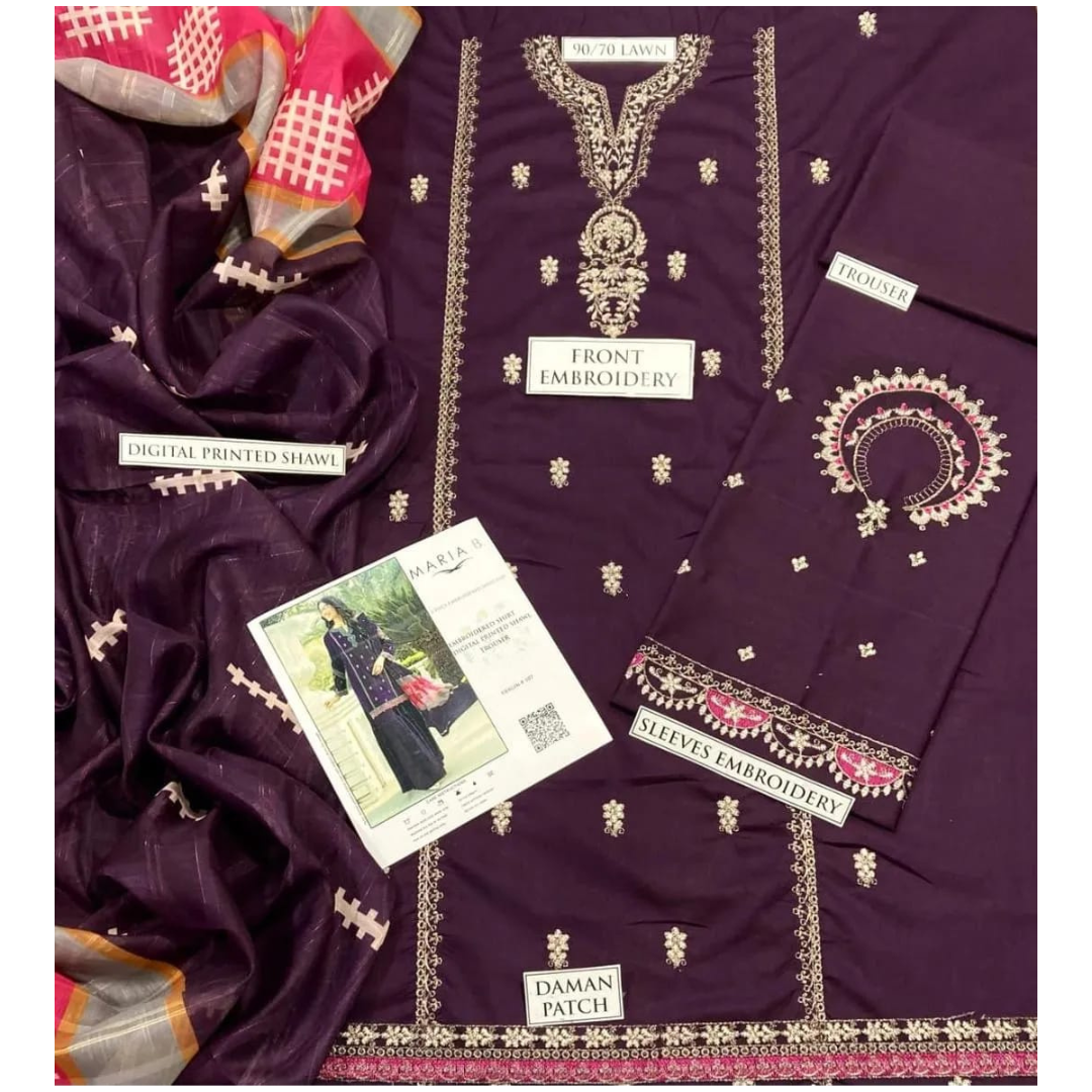 Purple Embroidered 3 Pcs Women's Lawn Suit
