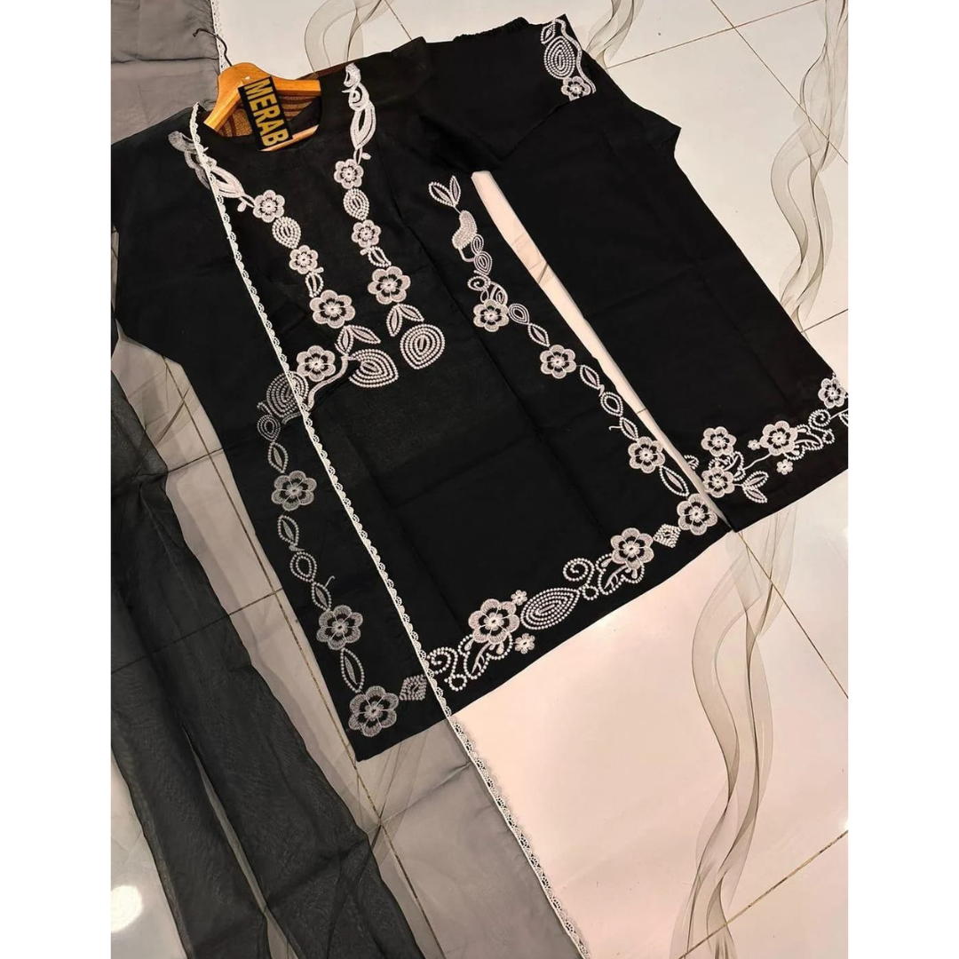 3 Pcs Women’s Stitched Cotton Embroidered Suit – Black (Ari Work Dupatta)