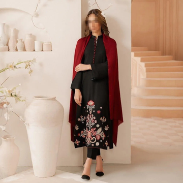 Black Embroidered 3 Pcs Women Suit with Red Dupatta