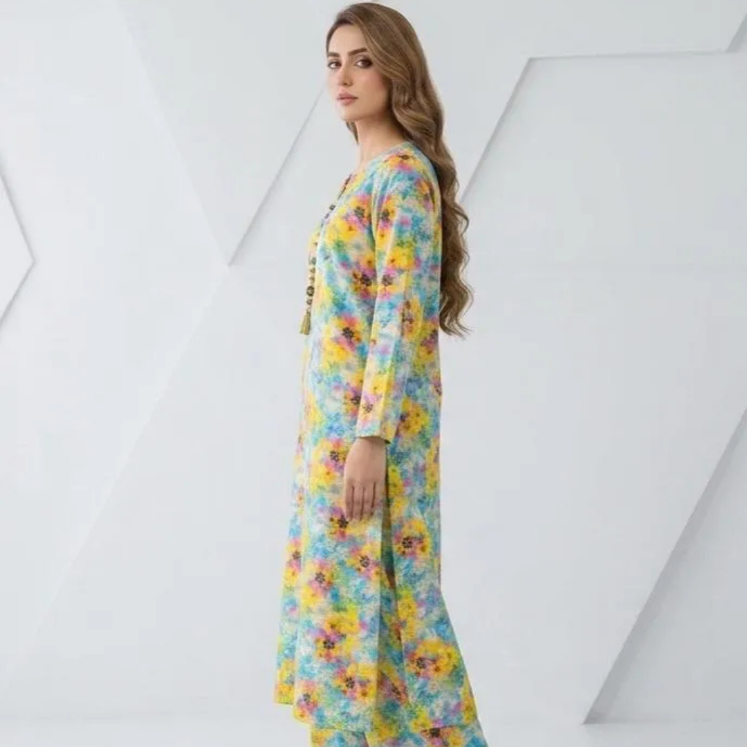2 Pcs Women's Long Length Stitched Lawn Digital Print Shirt And Trouser with Beats