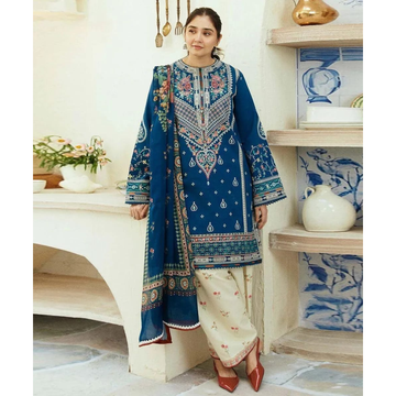 Blue Embroidered 3 Pcs Women's Unstitched Lawn Suit