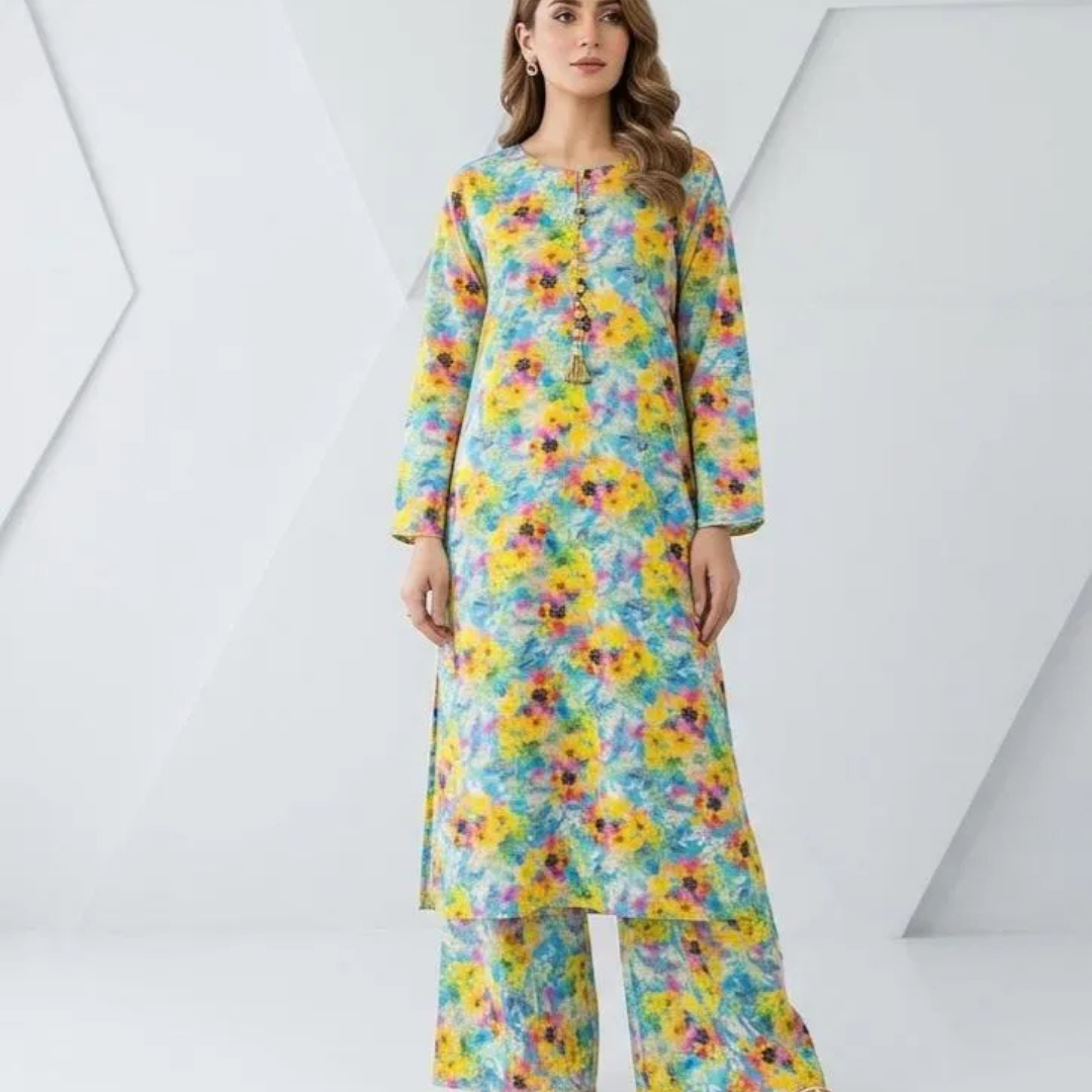 2 Pcs Women's Long Length Stitched Lawn Digital Print Shirt And Trouser with Beats