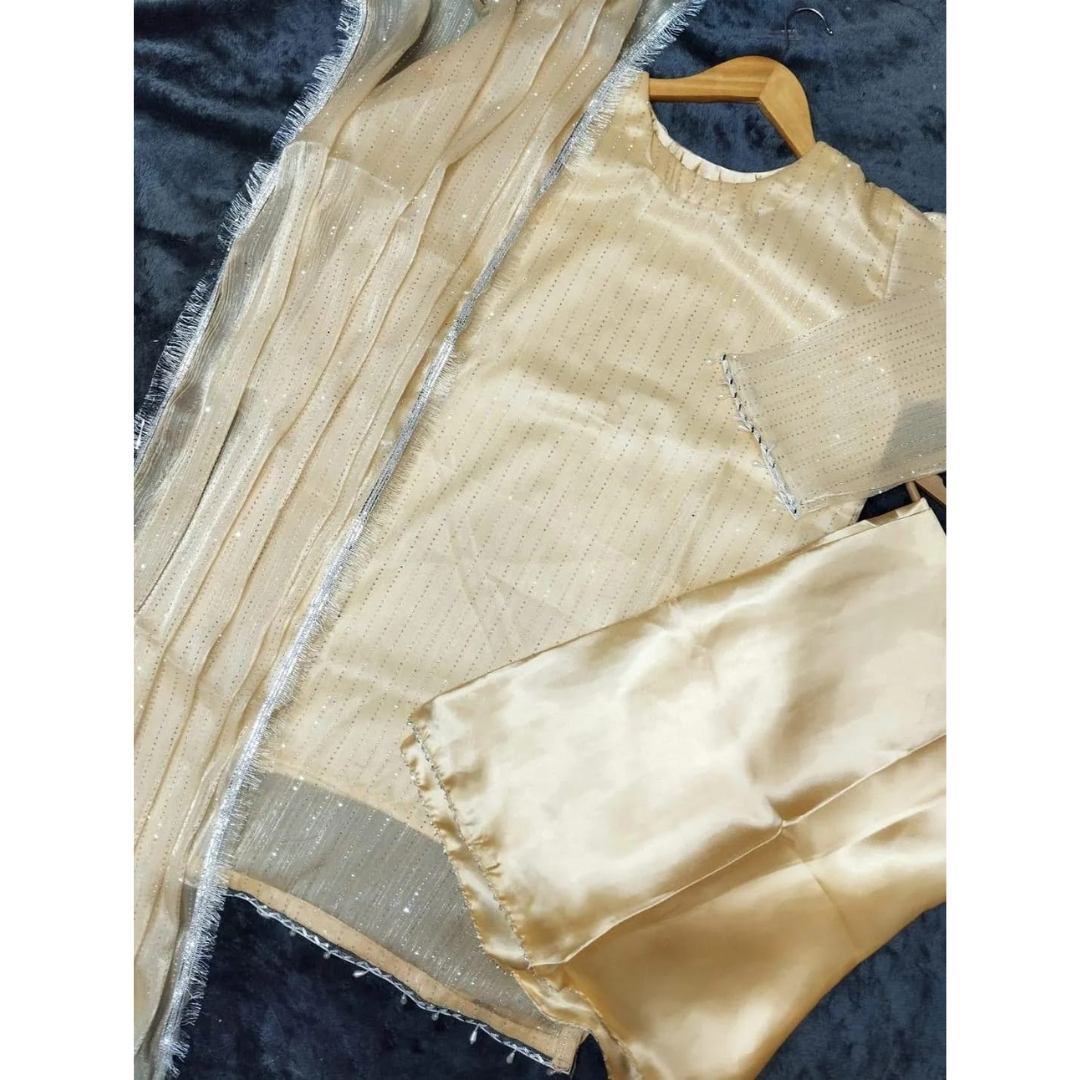 Full Heavy Stone Work 3 Pcs Suit – Cream Yellow Luxury Party Wear