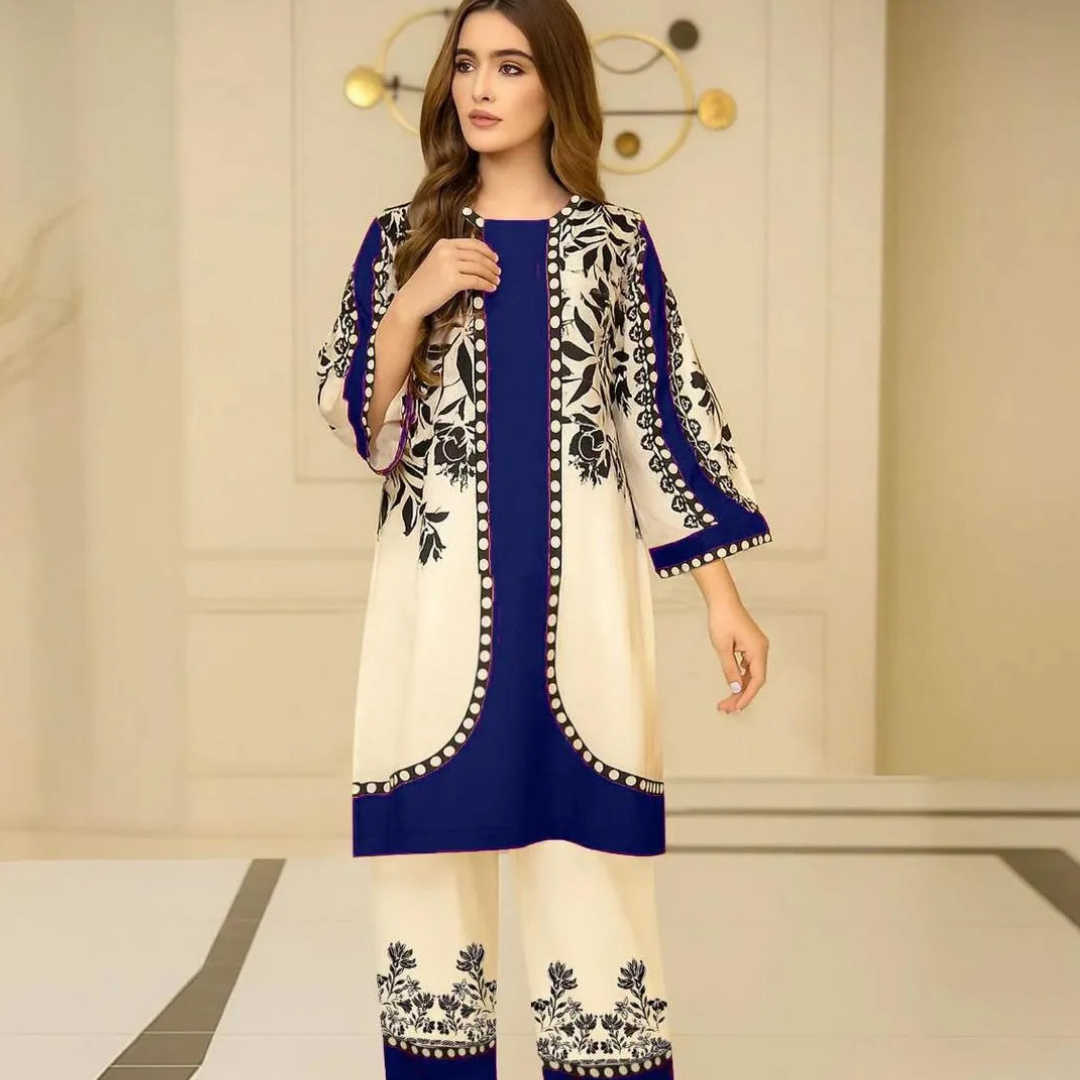 Women Swiss Lawn Printed Kurta Pant Set Blue Medium