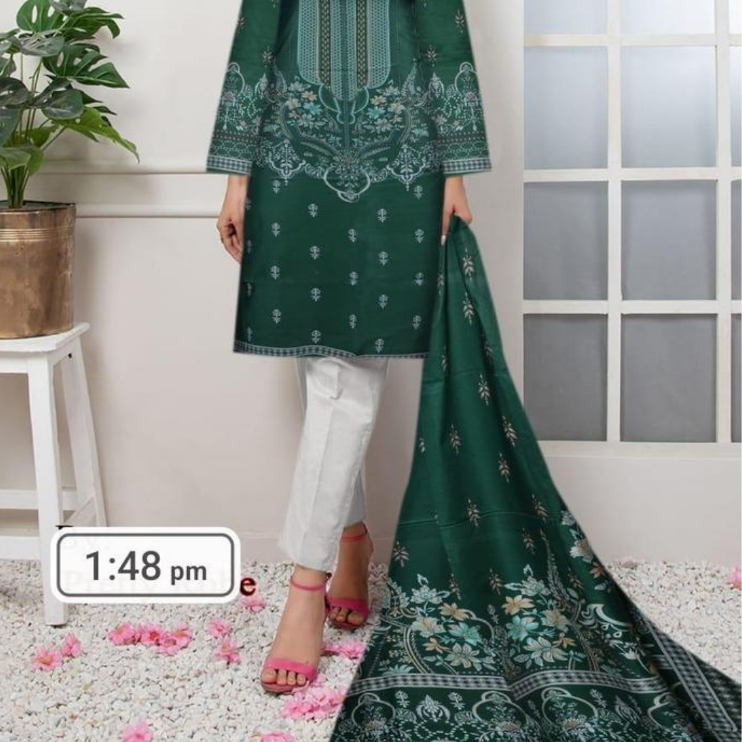 Women Linen Printed Suit Green Winter Set
