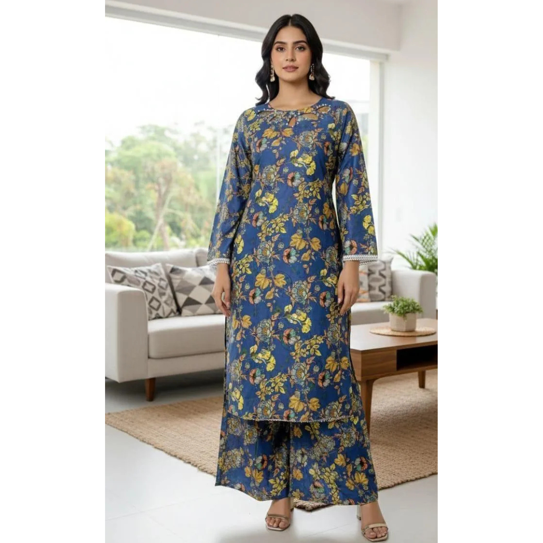2 Pcs Women's Stitched Lawn Digital Print Shirt & Trouser with Handmade Neck