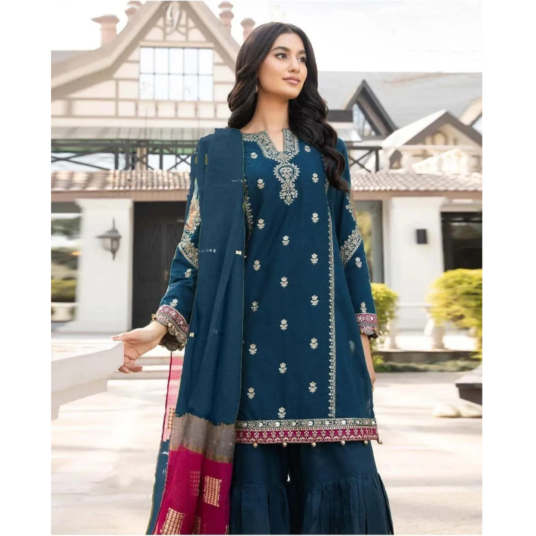 Turquoise Embroidered 3 Pcs Women's Unstitched Lawn Suit