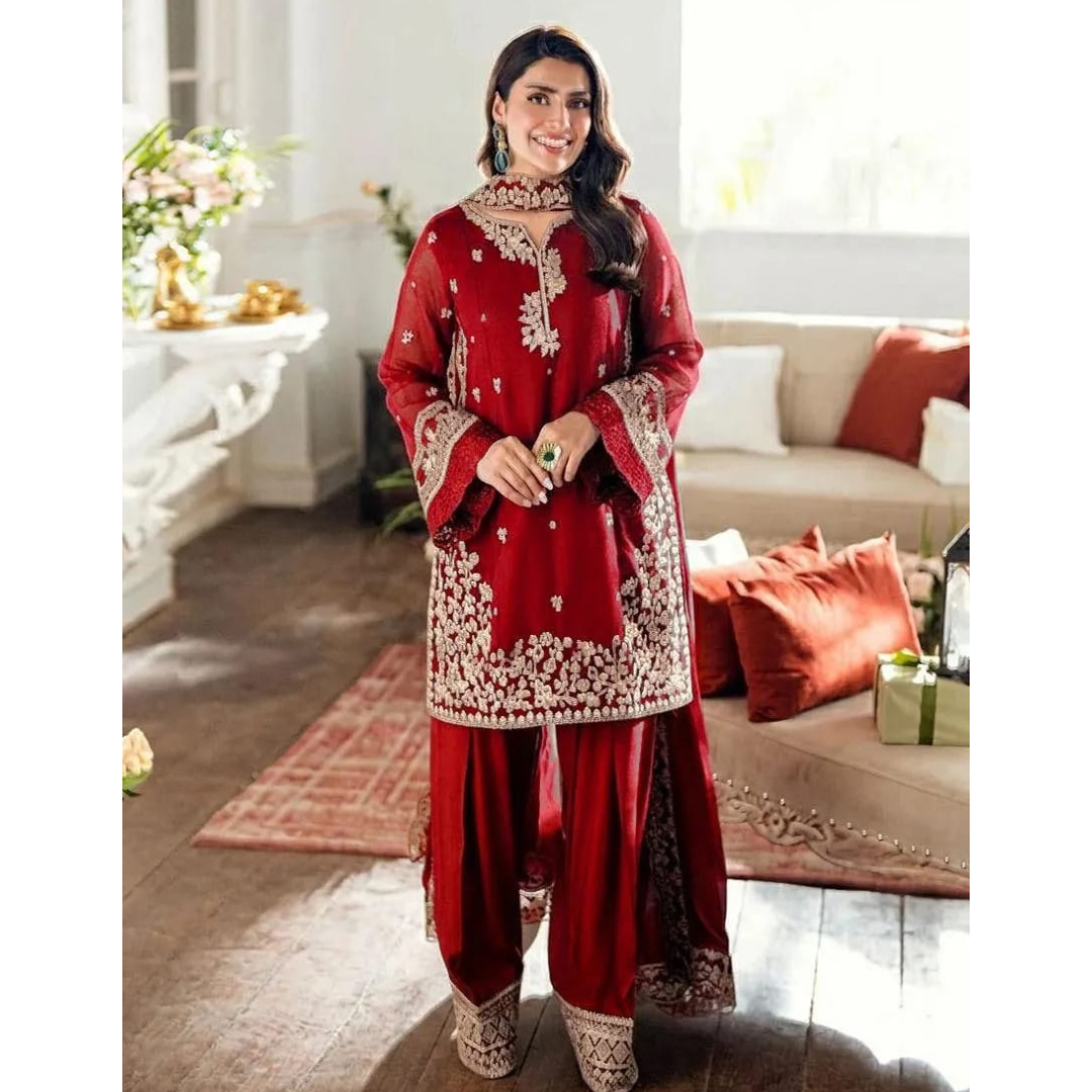 Maroon Embroidered 3-Piece Lawn Suit – Wedding & Party Wear