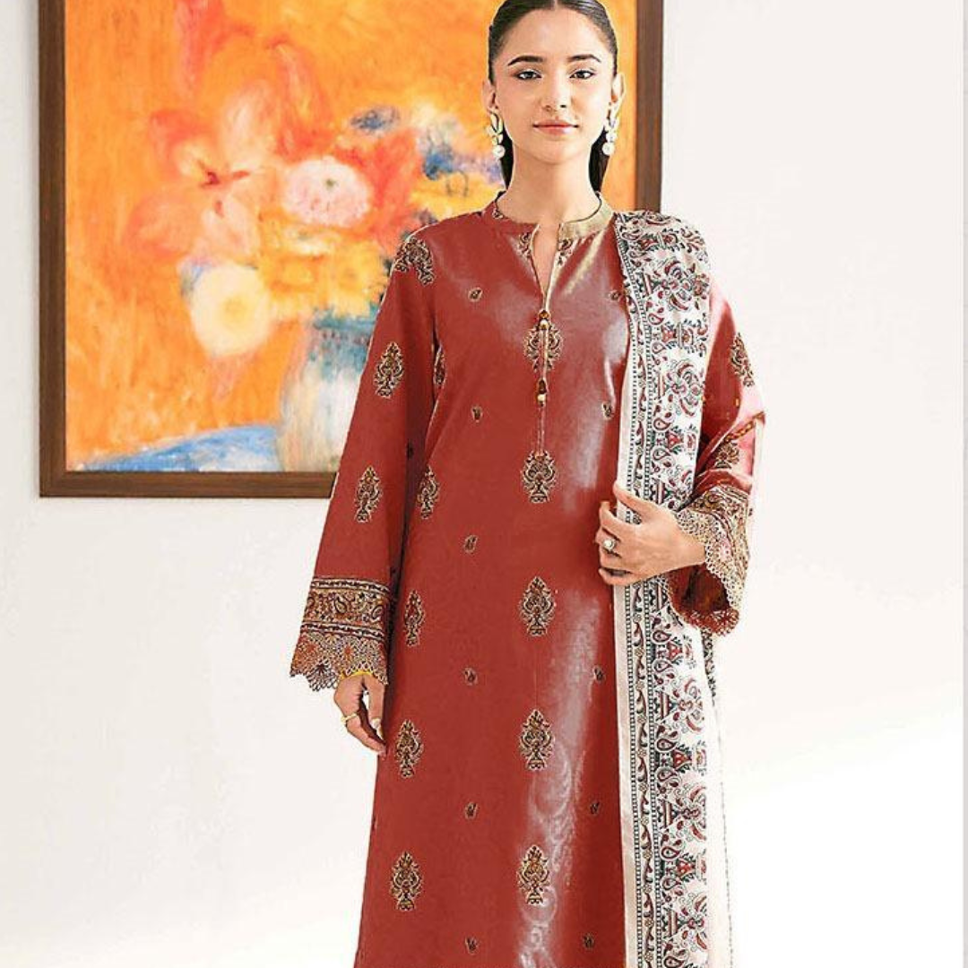 Women's 3 Pcs Printed Orange Lawn Suit Set