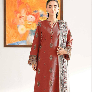 Women's 3 Pcs Printed Orange Lawn Suit Set