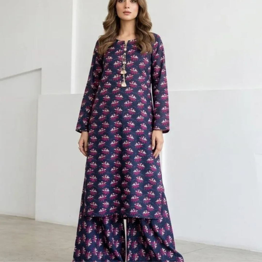 2 Pcs Women's Long Length Stitched Lawn Digital Print Shirt And Trouser with Beats
