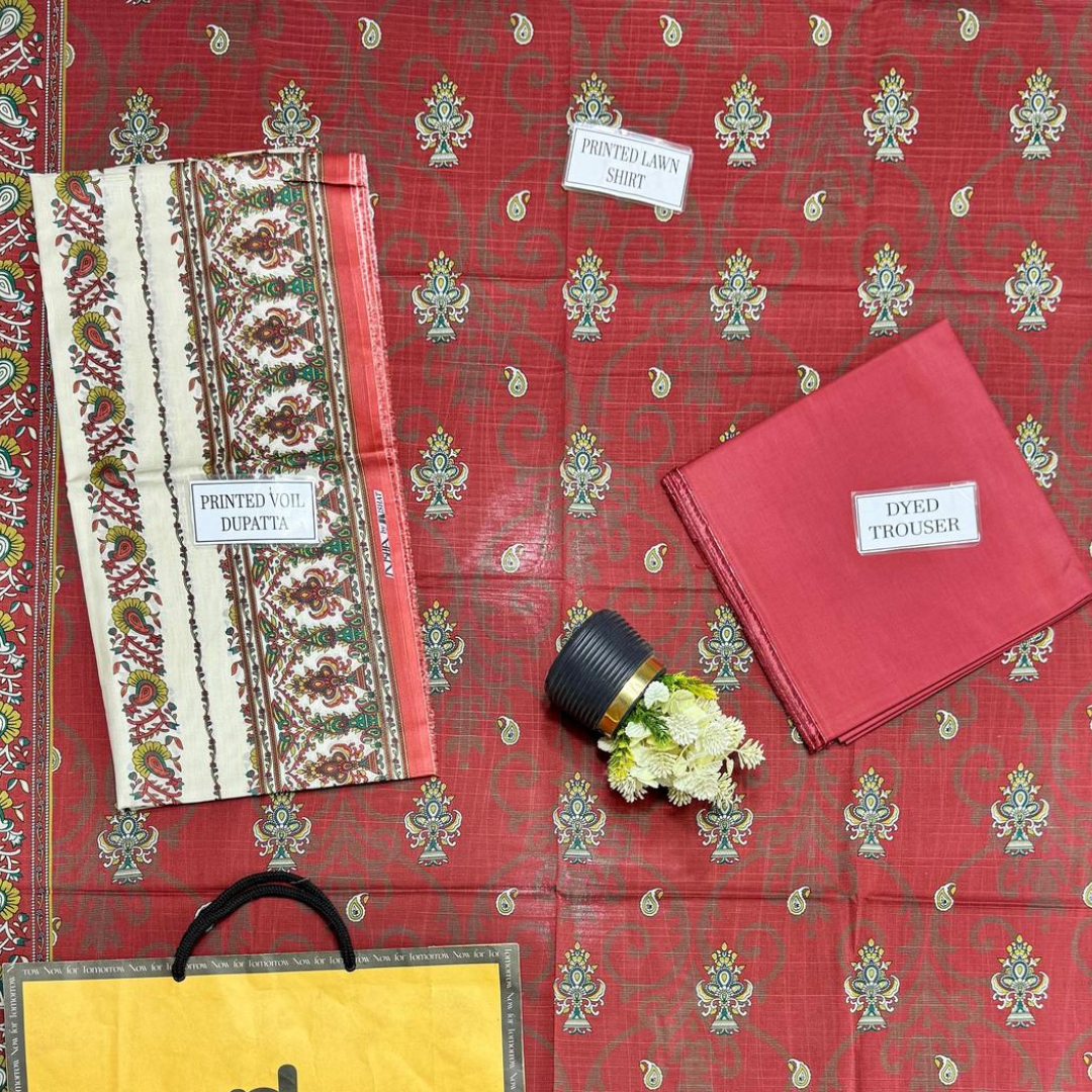 Women's 3 Pcs Printed Orange Lawn Suit Set