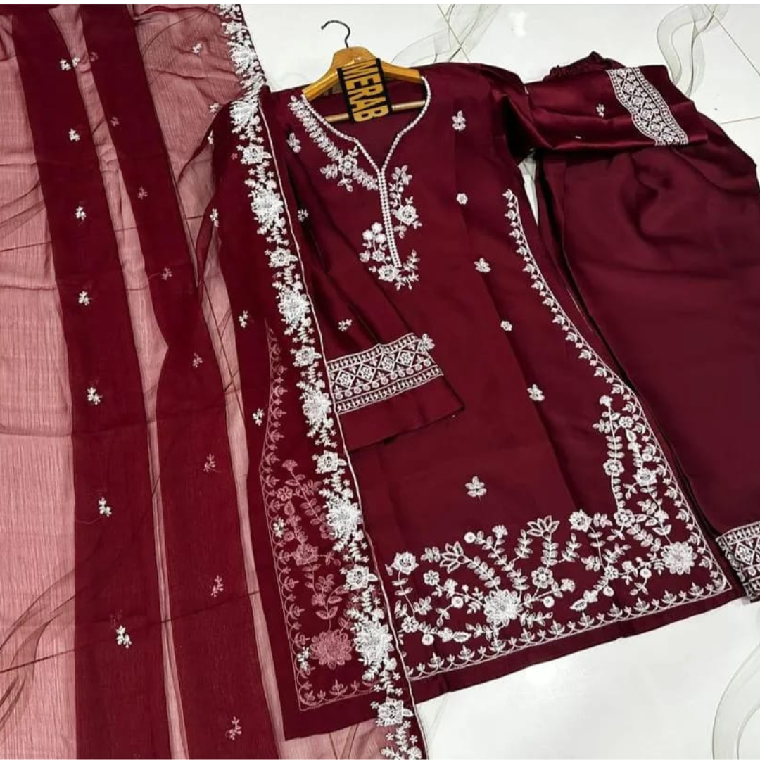 Maroon Embroidered 3-Piece Lawn Suit – Wedding & Party Wear