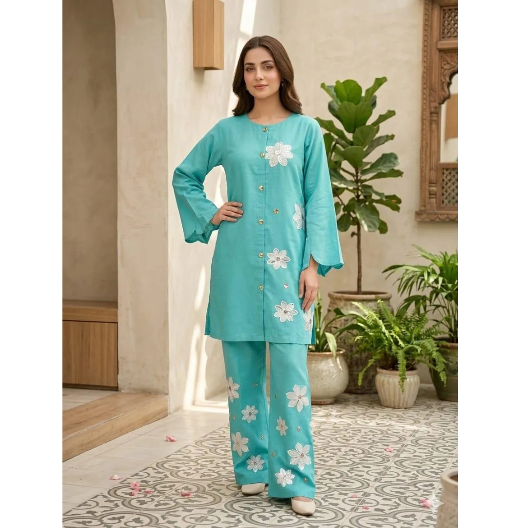 Summer Trendy Design 2 Pcs Women's Stitched Embroidered Shirt & Trouser