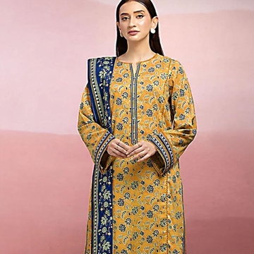 Women Printed 3-Piece Suit Yellow Blue Dobby Lawn