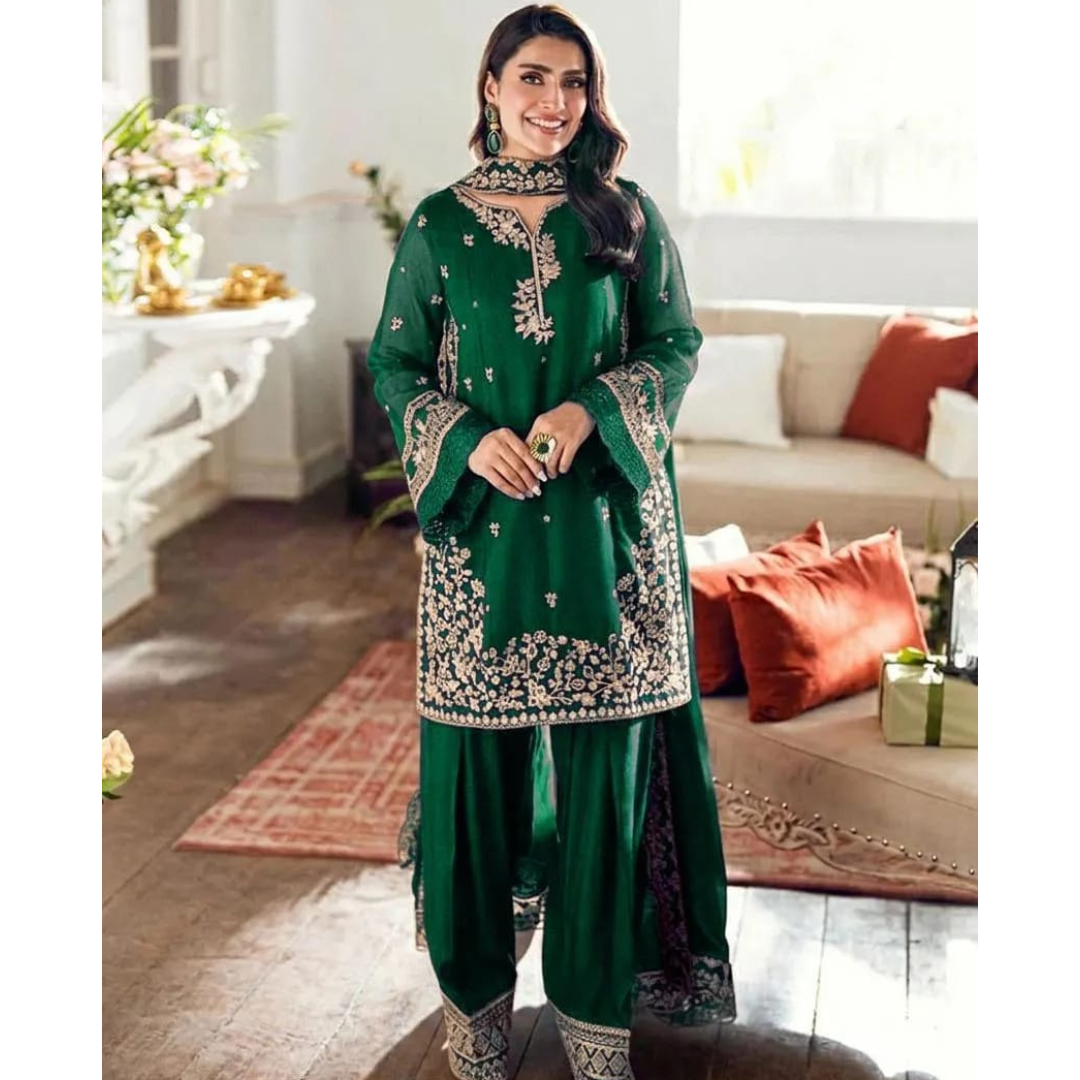 Green Embroidered 3-Piece Lawn Suit – Wedding & Party Wear