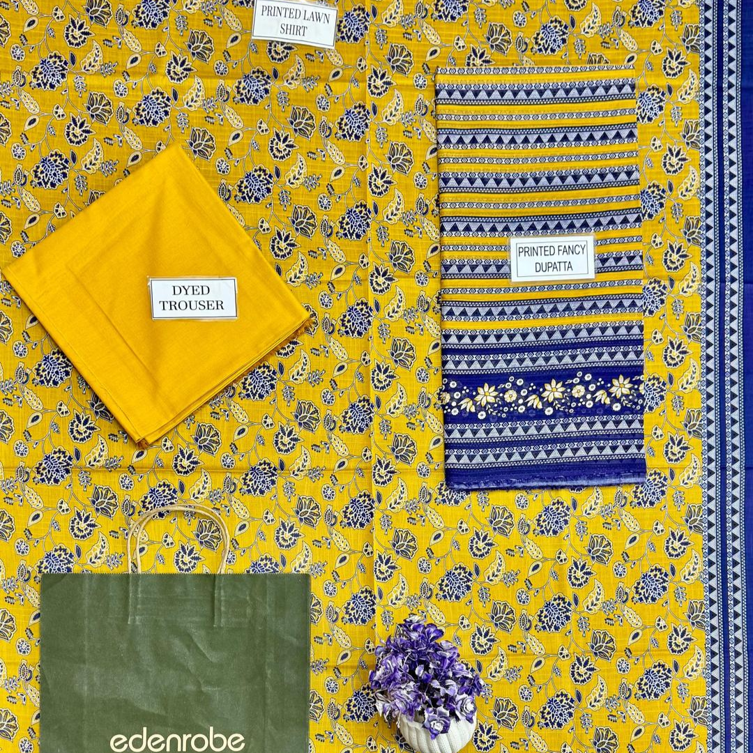 Women Printed 3-Piece Suit Yellow Blue Dobby Lawn