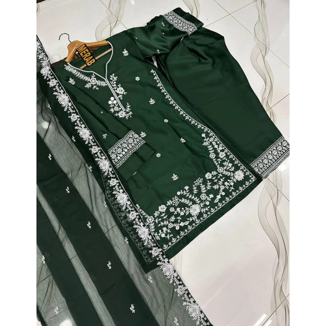 Green Embroidered 3-Piece Lawn Suit – Wedding & Party Wear