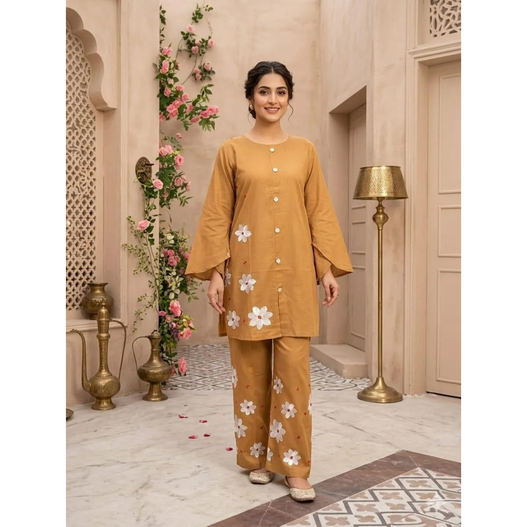 Summer Trendy Design 2 Pcs Women's Stitched Embroidered Shirt & Trouser