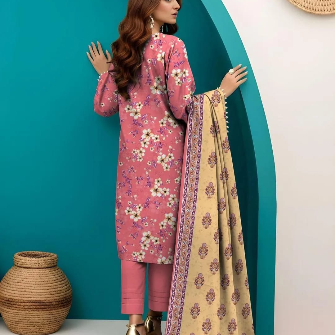 3-Piece Printed Floral Suit – Red Dobby Lawn for Women