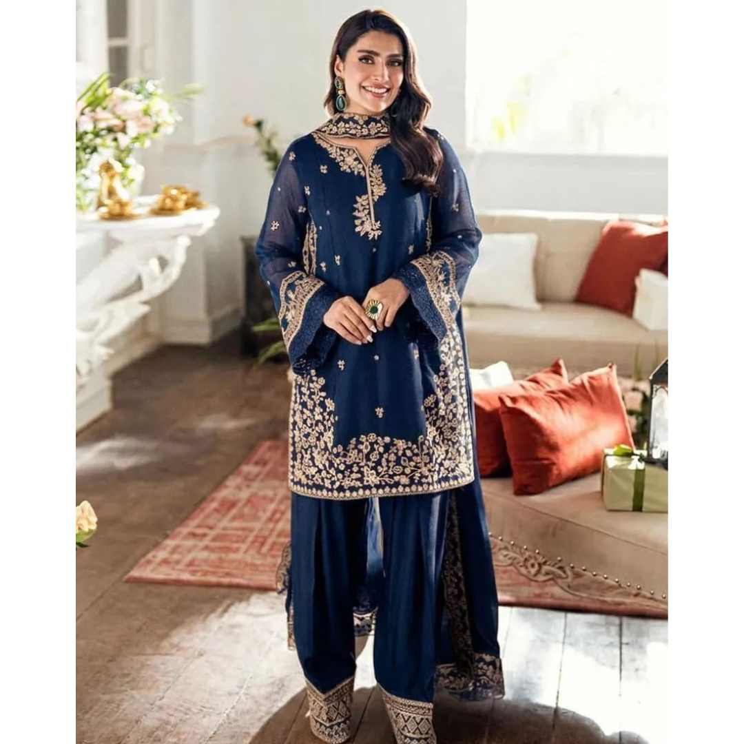 Blue Embroidered 3-Piece Lawn Suit – Wedding & Party Wear