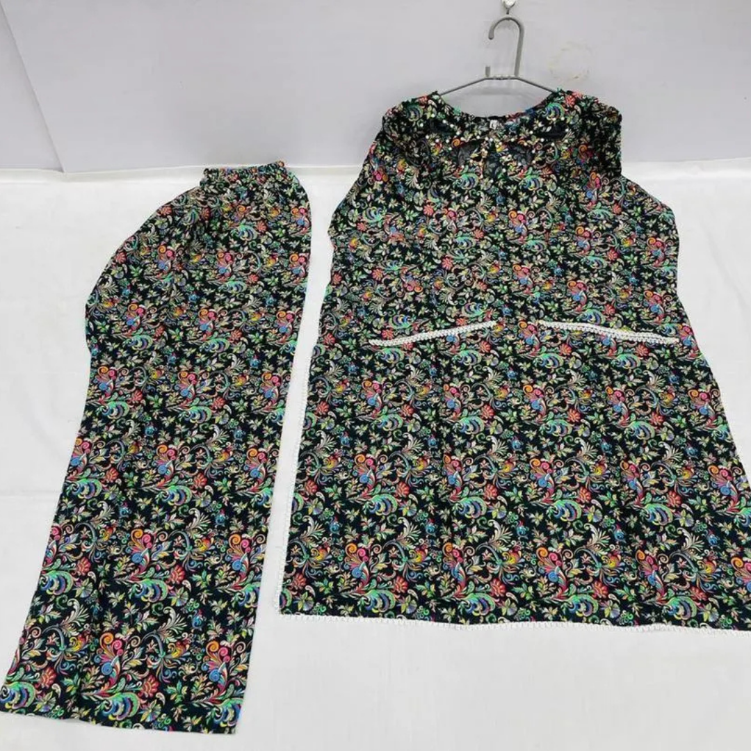2 Pcs Women's Stitched Lawn Digital Print Shirt And Trouser with Handmade Neck