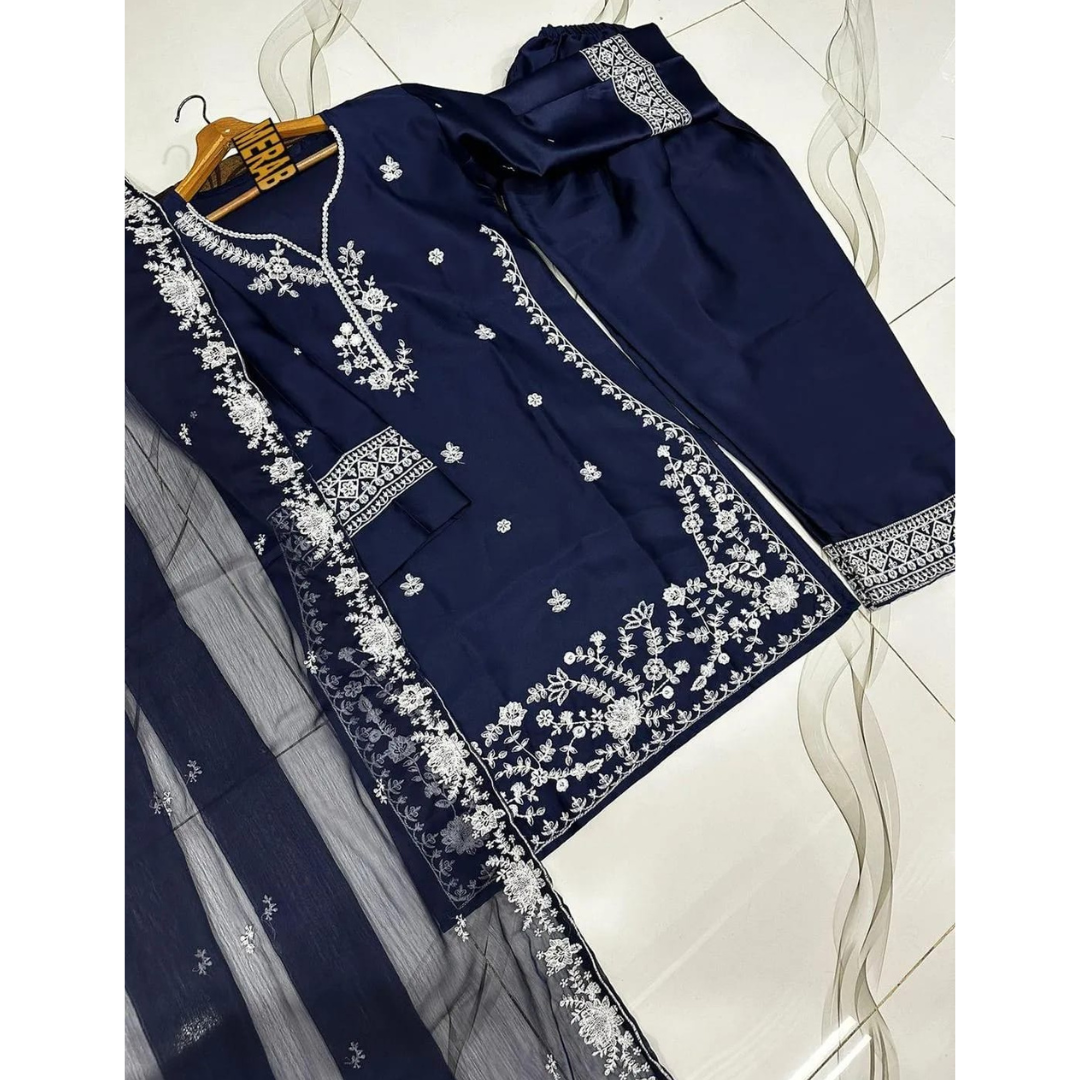 Blue Embroidered 3-Piece Lawn Suit – Wedding & Party Wear