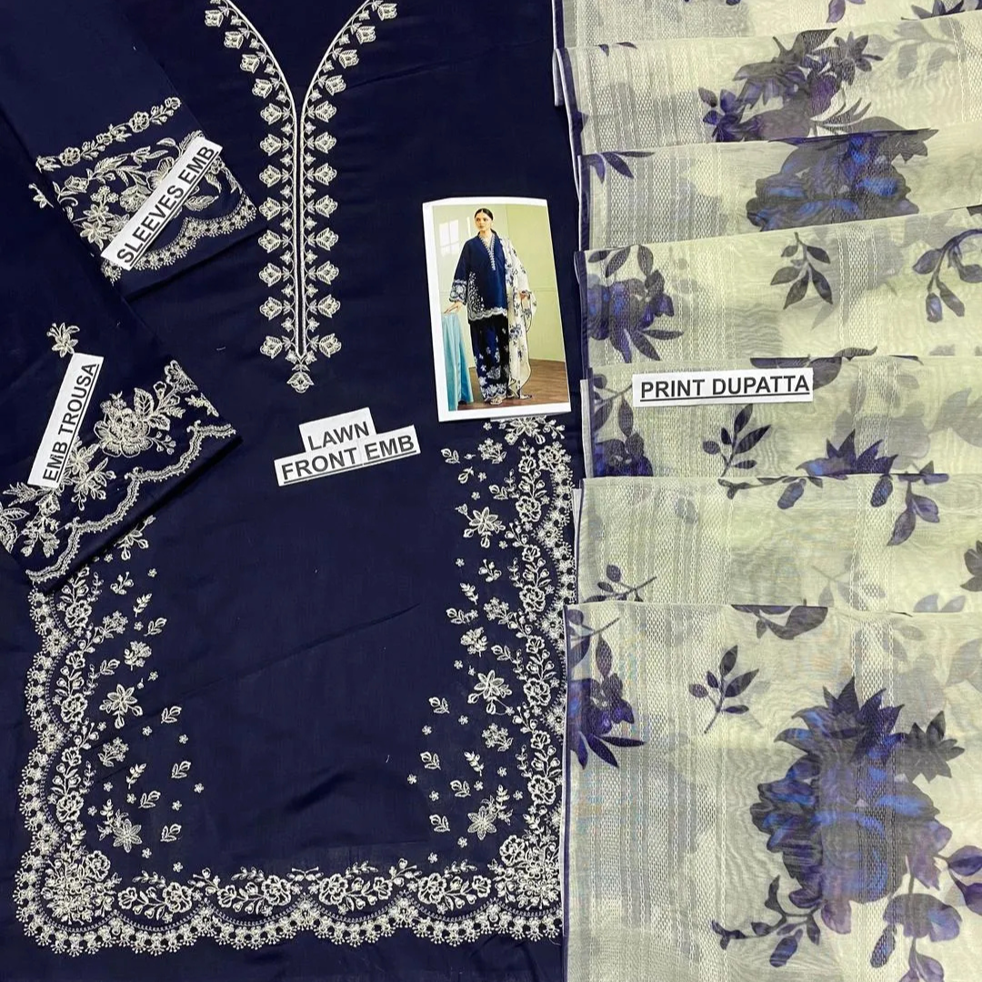 Blue Embroidered 3-Piece Lawn Suit for Women