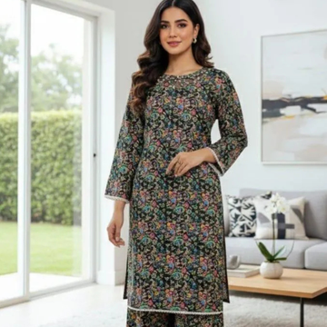 2 Pcs Women's Stitched Lawn Digital Print Shirt And Trouser with Handmade Neck