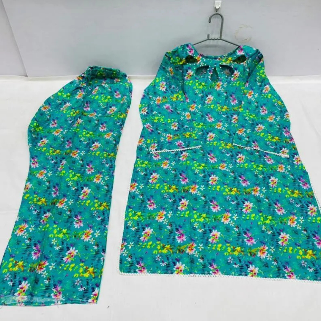 2 Pcs Women's Stitched Lawn Digital Print Shirt And Trouser with Handmade Neck