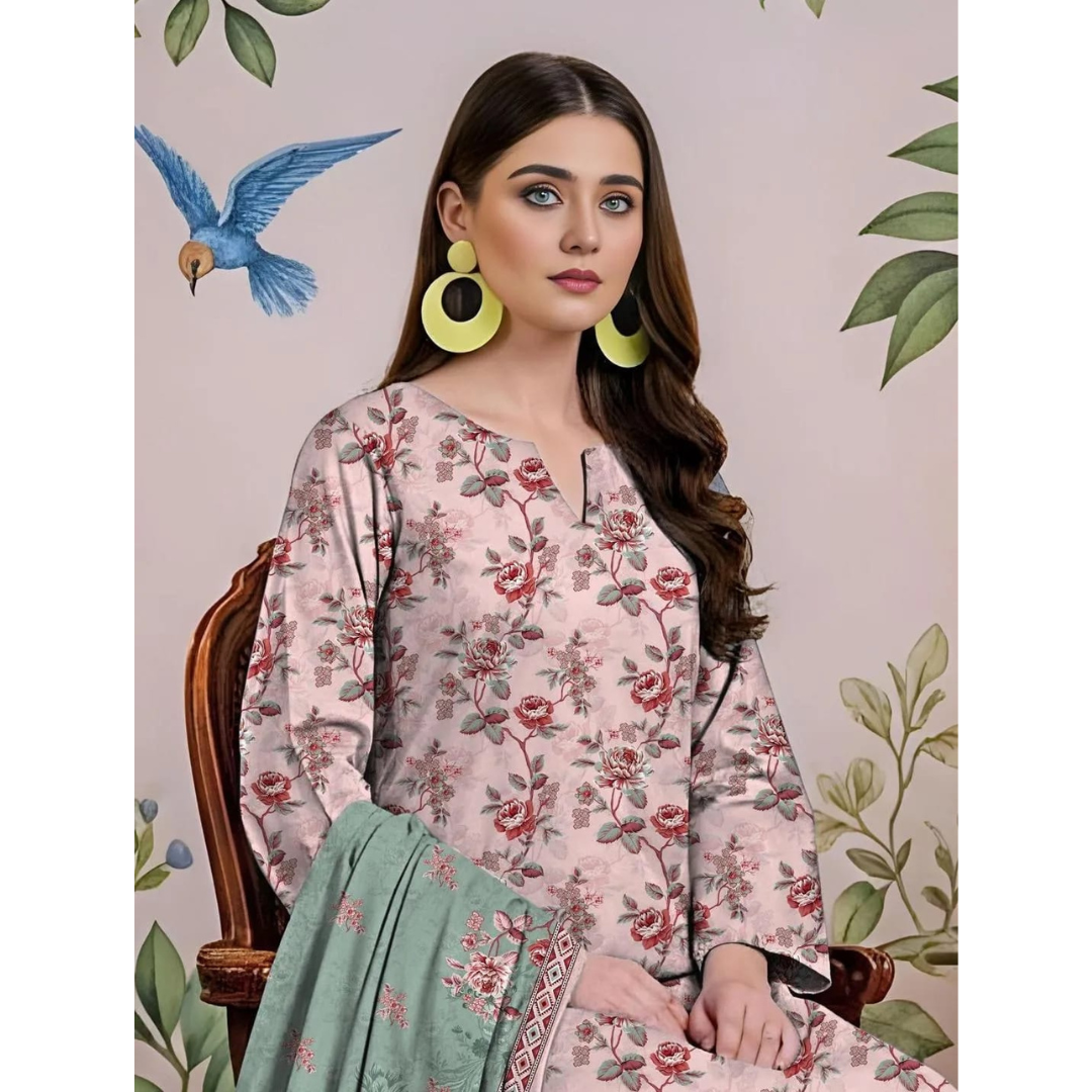 3-Piece Printed Lawn Suit – Pink Floral Eid Summer Wear