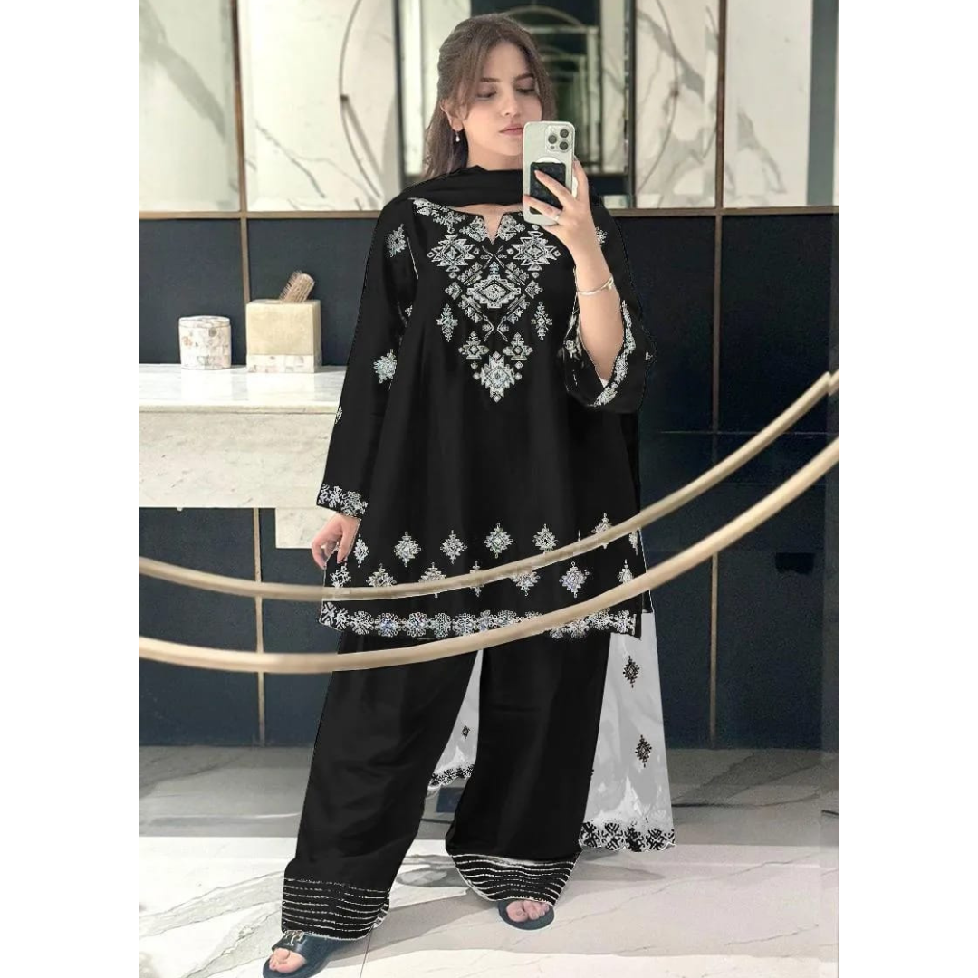 3 Pcs Women’s Stitched Cotton Embroidered Suit – Black