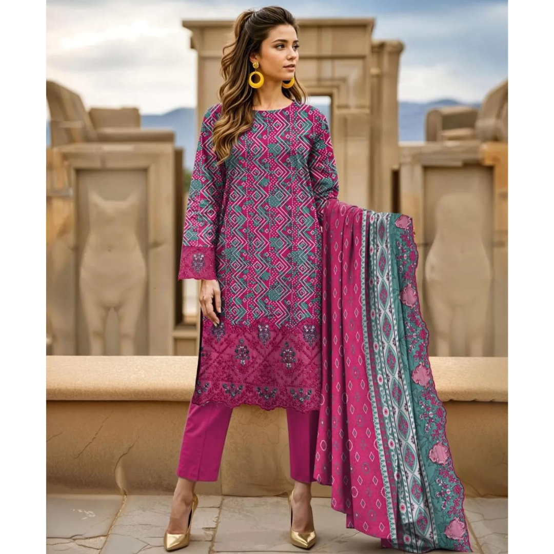 3 Pcs Women’s Printed Lawn Suit – Pink Eid Party Wear