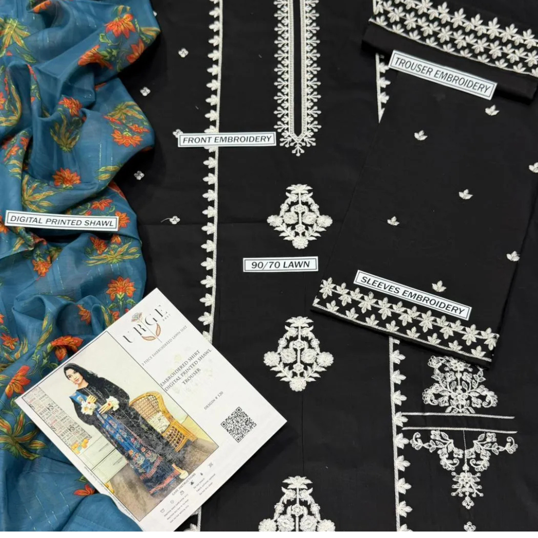 Black Embroidered Lawn 3 Pcs Women Suit with Floral Dupatta