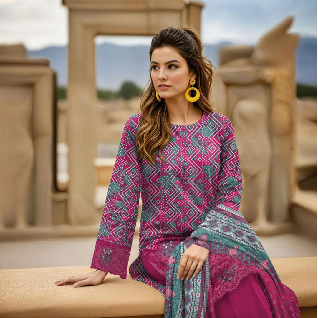 3 Pcs Women’s Printed Lawn Suit – Pink Eid Party Wear