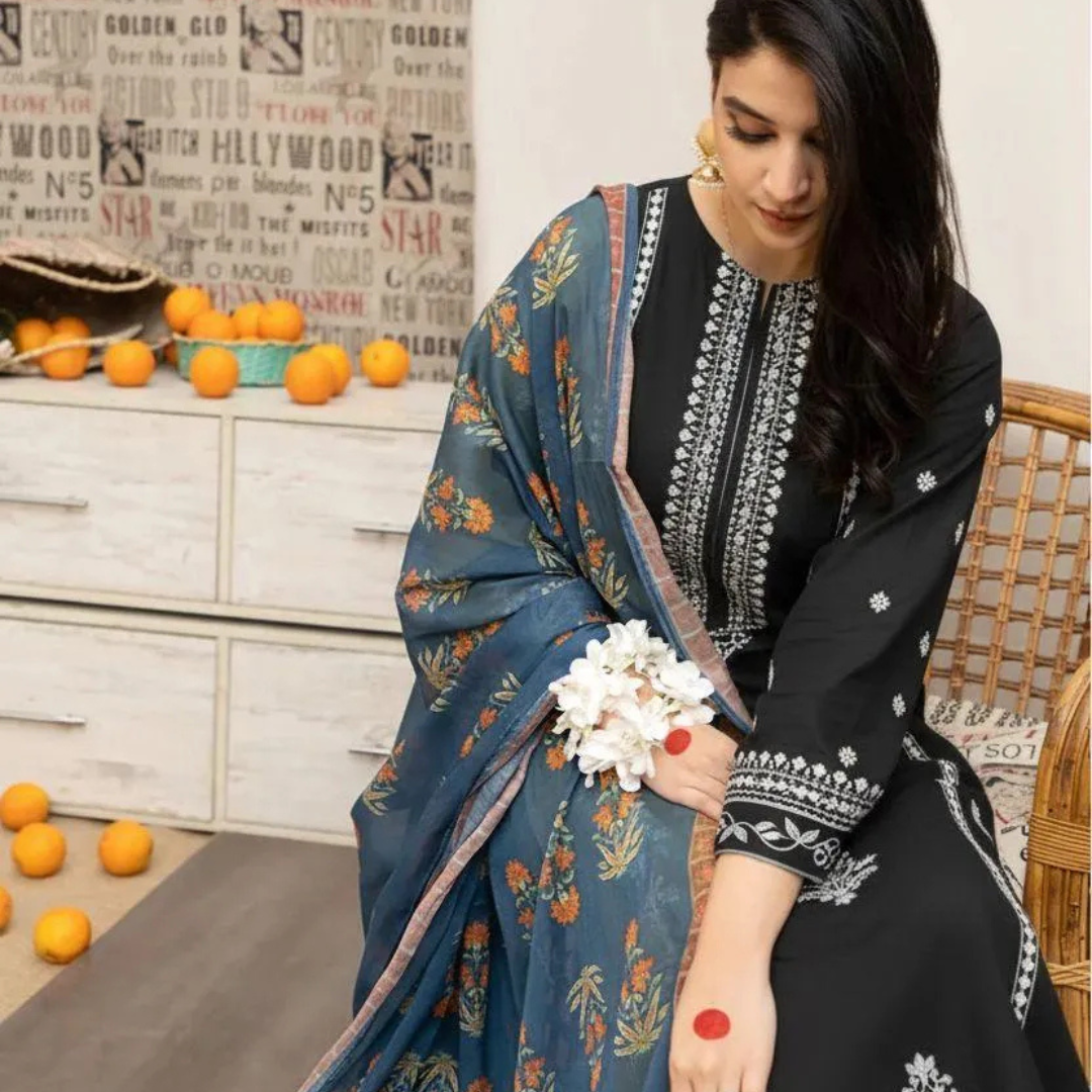 Black Embroidered Lawn 3 Pcs Women Suit with Floral Dupatta
