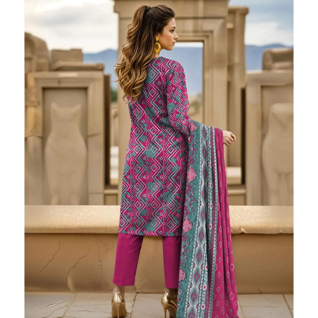 3 Pcs Women’s Printed Lawn Suit – Pink Eid Party Wear
