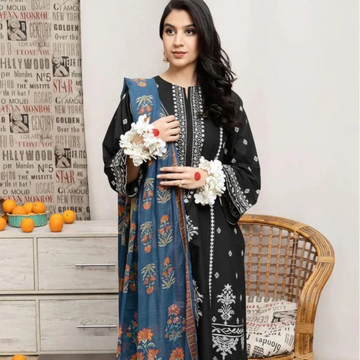 Black Embroidered Lawn 3 Pcs Women Suit with Floral Dupatta