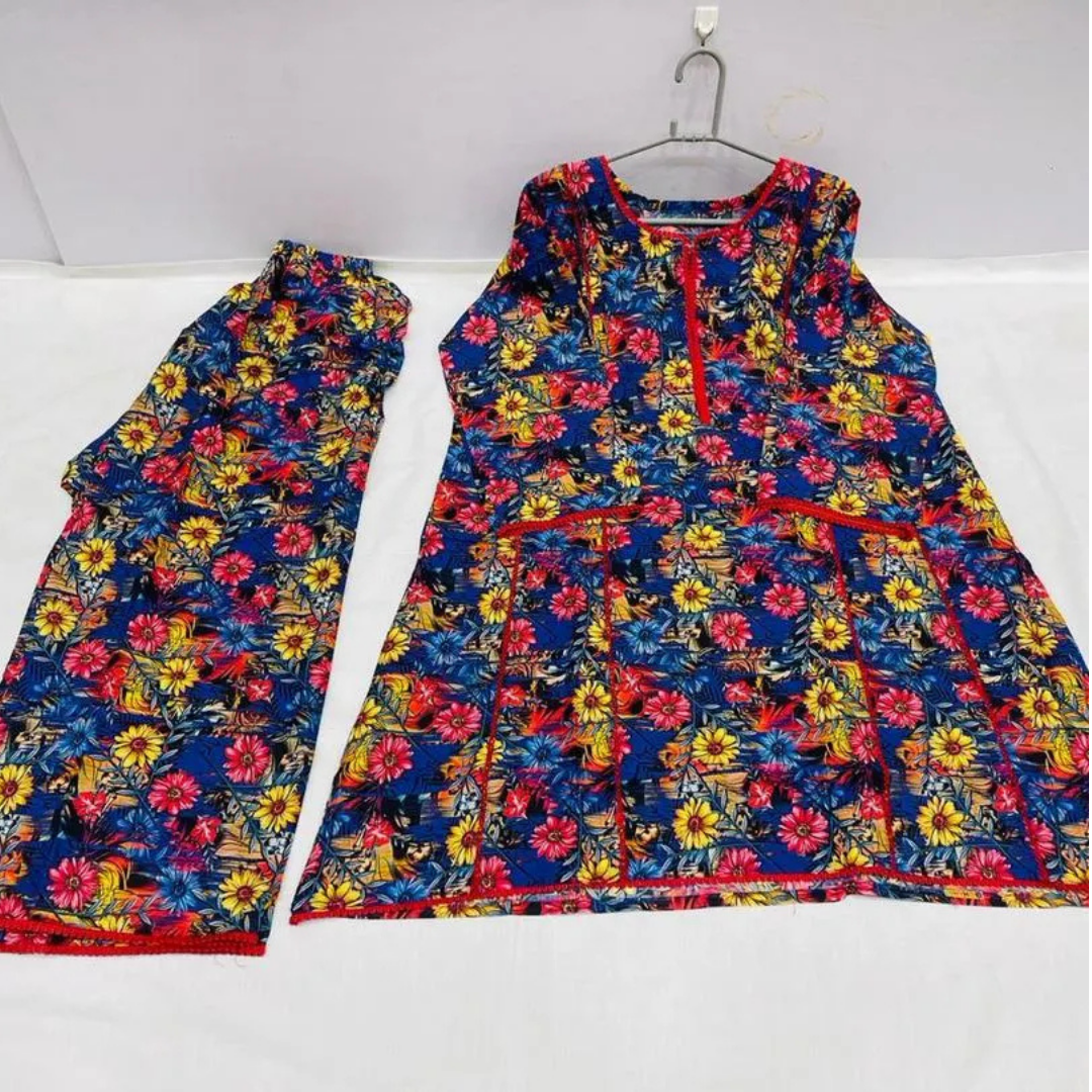 2 Pcs Women's Stitched Lawn Digital Print Frock And Trouser with Lace work