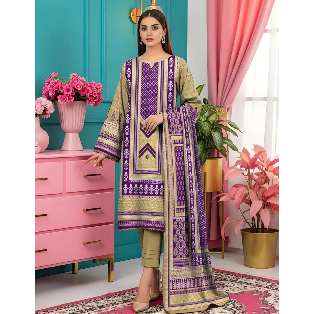 3-Piece Printed Lawn Suit – Yellow & Purple for Women