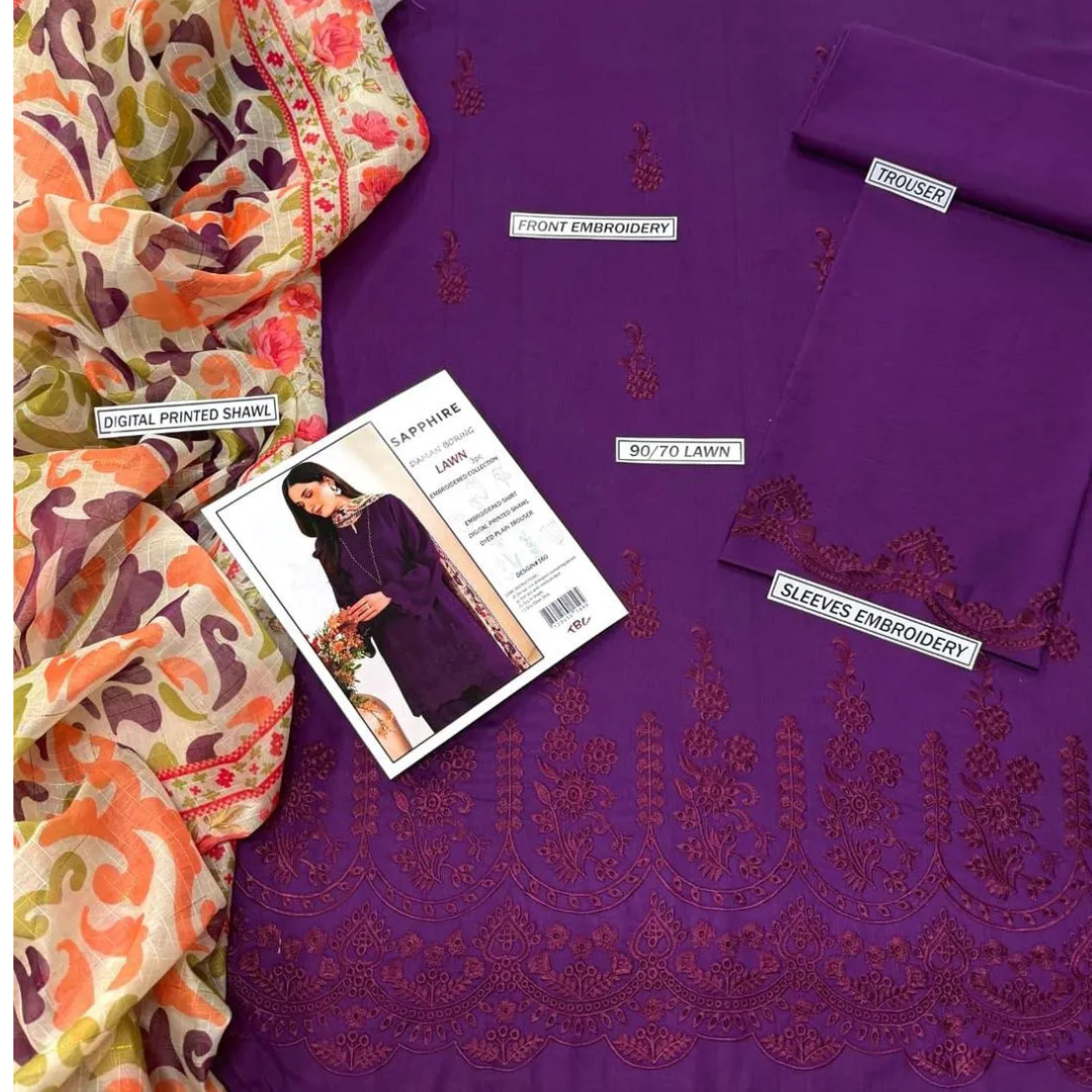 Magenta Chikankari Lawn 3Pcs Suit for Weddings & Parties