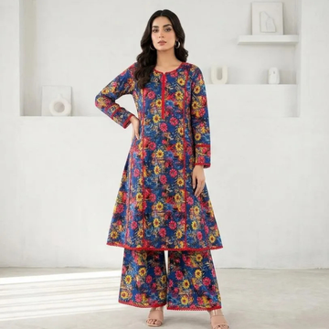 2 Pcs Women's Stitched Lawn Digital Print Frock And Trouser with Lace work