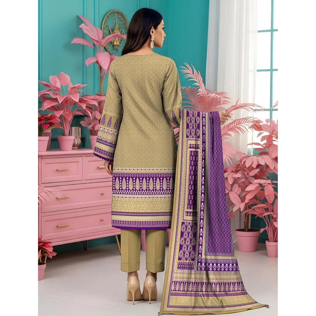 3-Piece Printed Lawn Suit – Yellow & Purple for Women