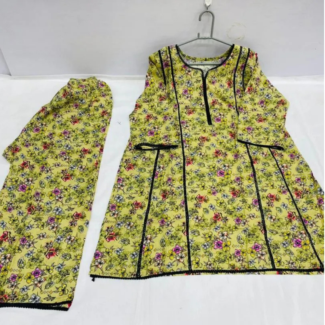 2 Pcs Women's Stitched Lawn Digital Print Frock And Trouser with Lace work