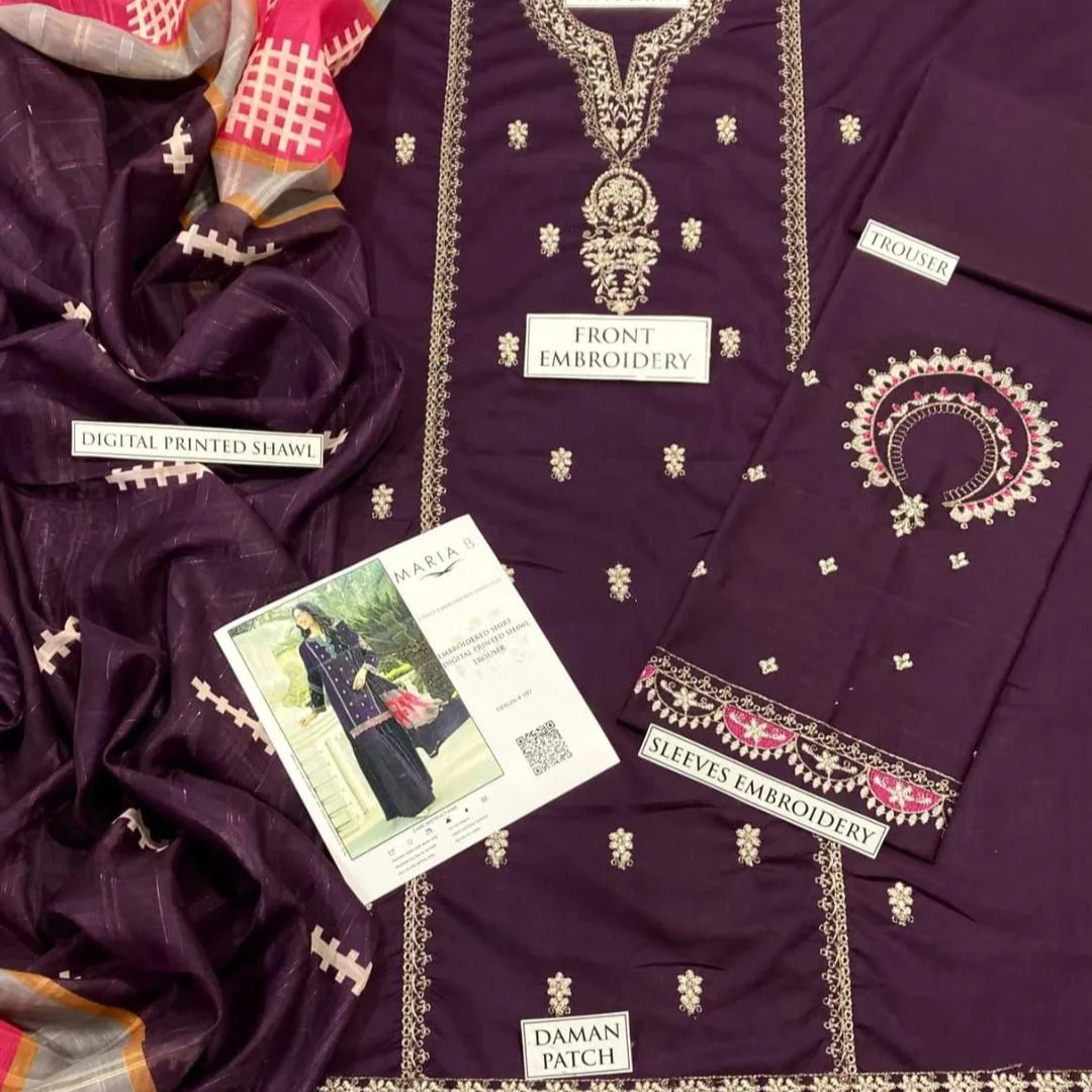 Purple Embroidered 3Pcs Lawn Suit for Eid Party Wear