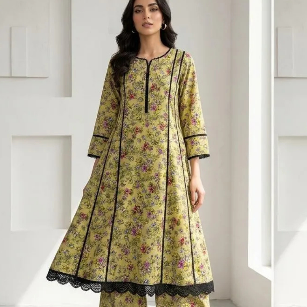 2 Pcs Women's Stitched Lawn Digital Print Frock And Trouser with Lace work