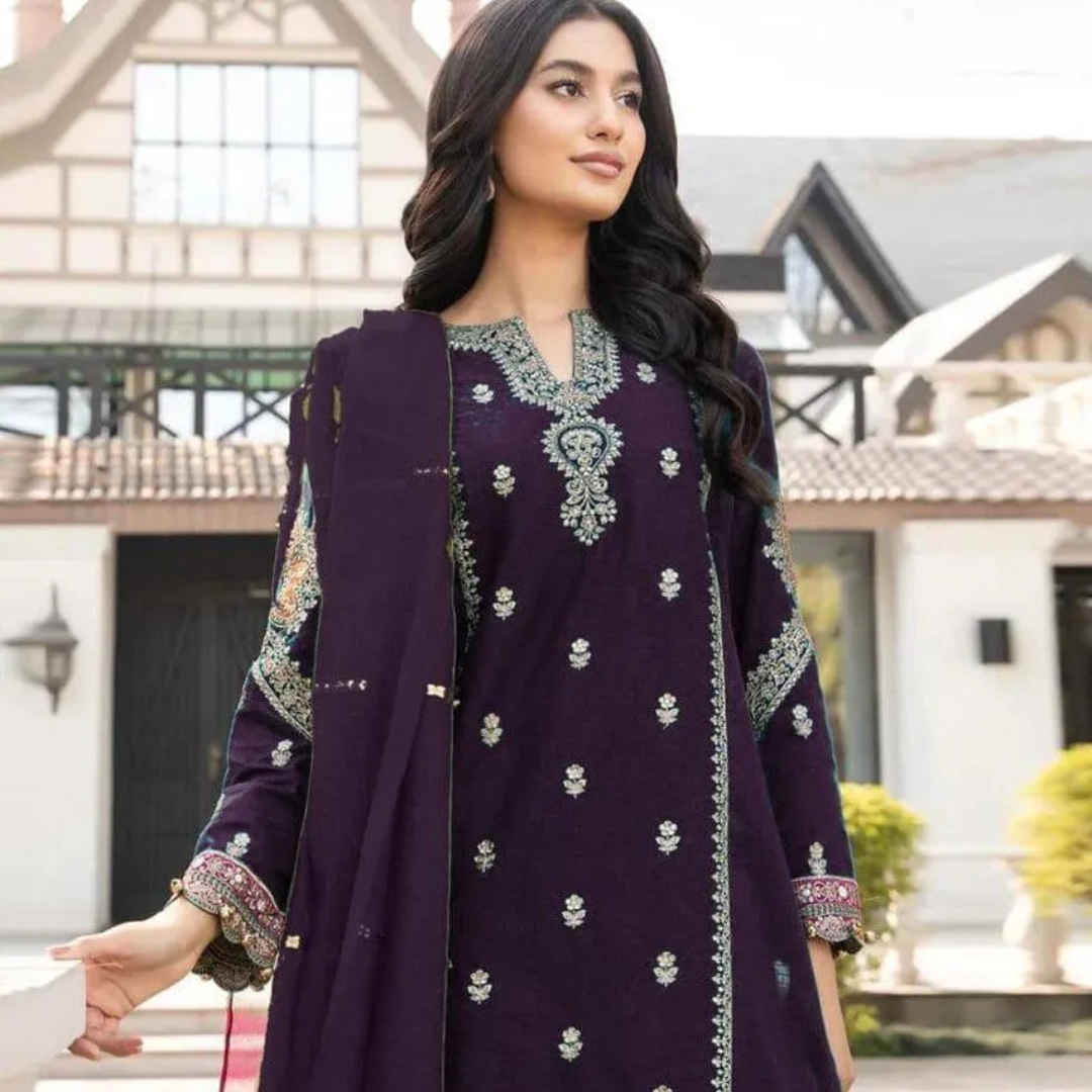 Purple Embroidered 3Pcs Lawn Suit for Eid Party Wear