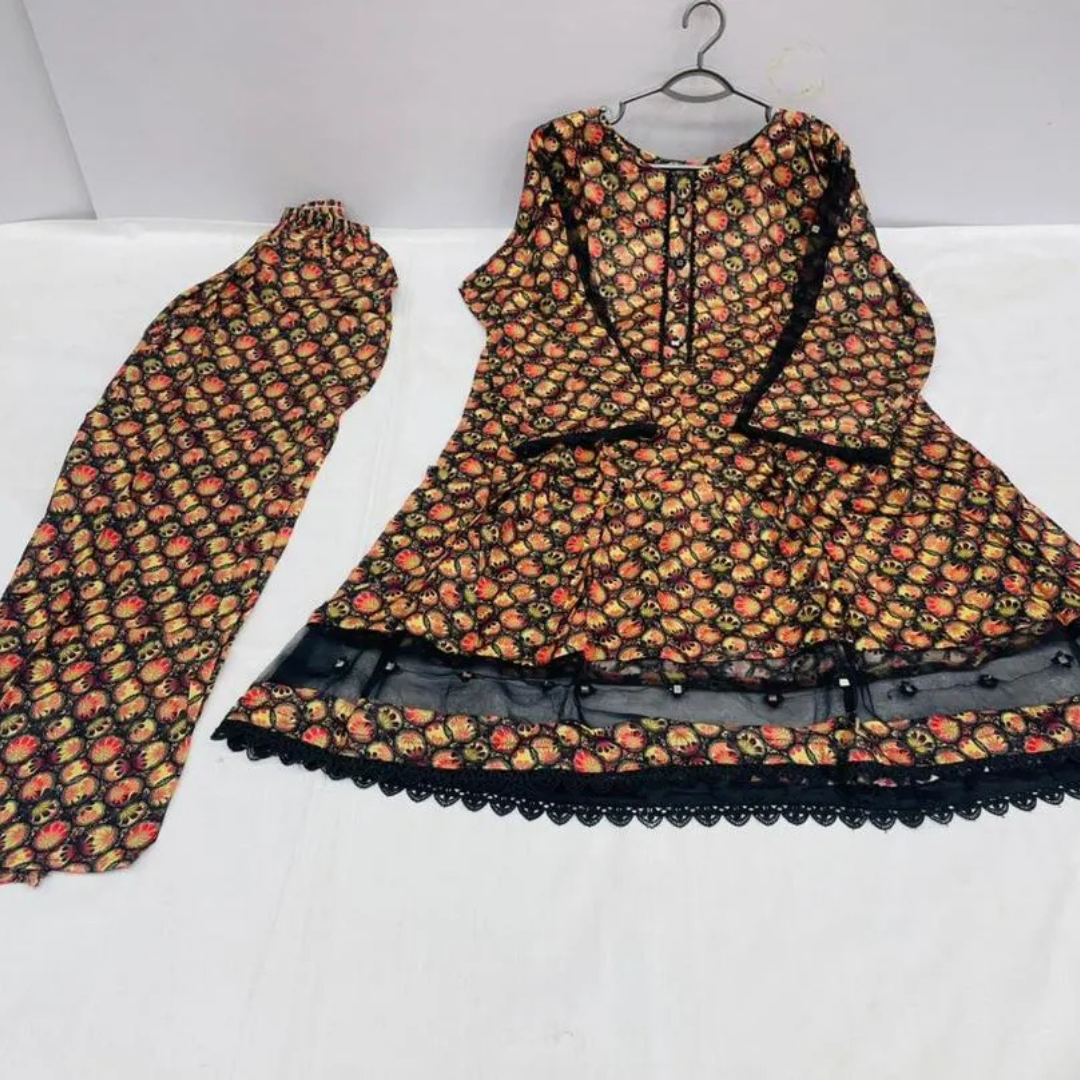 2 Pcs Women's Stitched Lawn Digital Print Frock And Trouser with Lace and Tissue